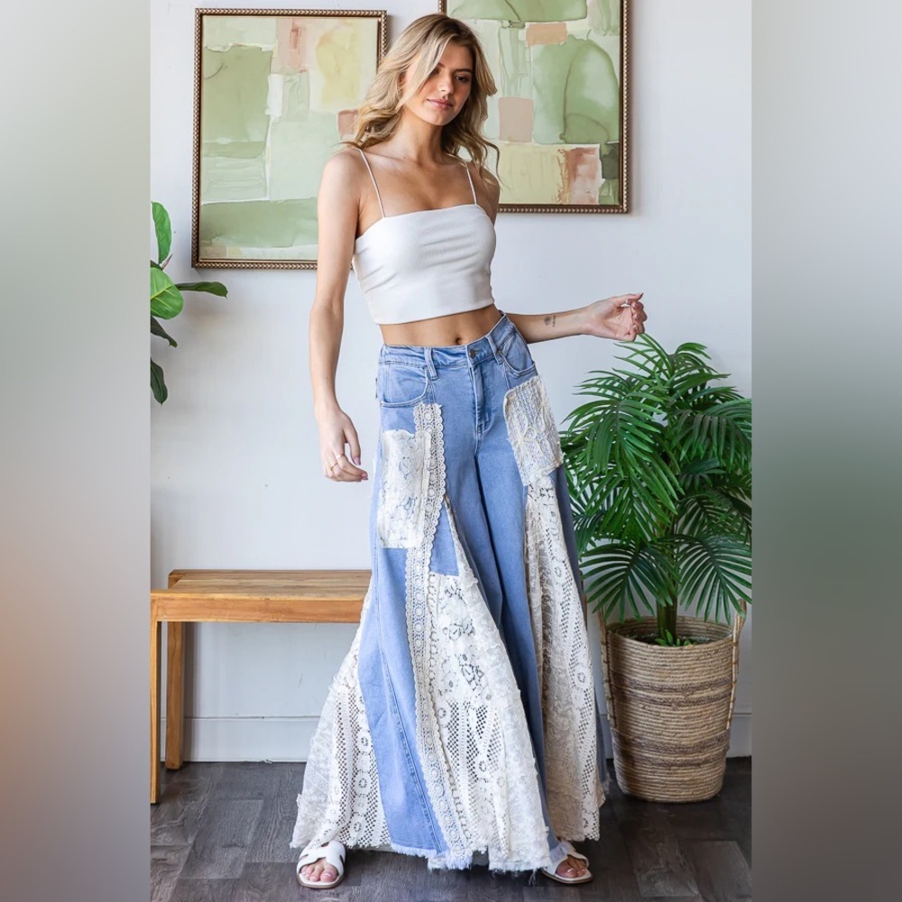 OLI & HALI Women’s Denim LACE INSERT DETAIL RUFFLE FLARE WIDE LEG PANTS - Picture 8 of 8